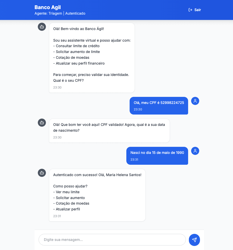 Screenshot Banco Ágil — AI Agents